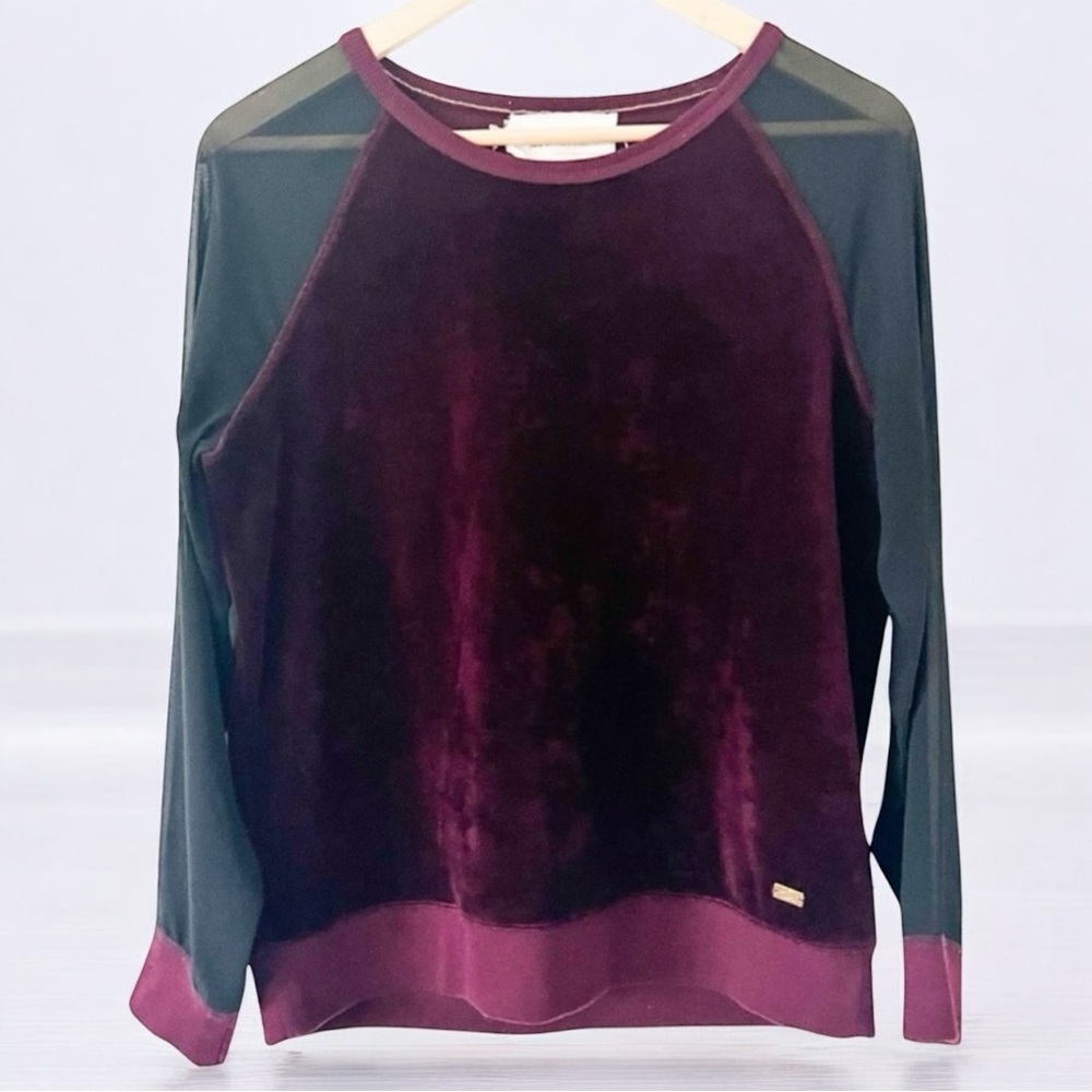 Two by Vince Camuto Velour Pullover Sweatshirt With Sheer Sleeves S